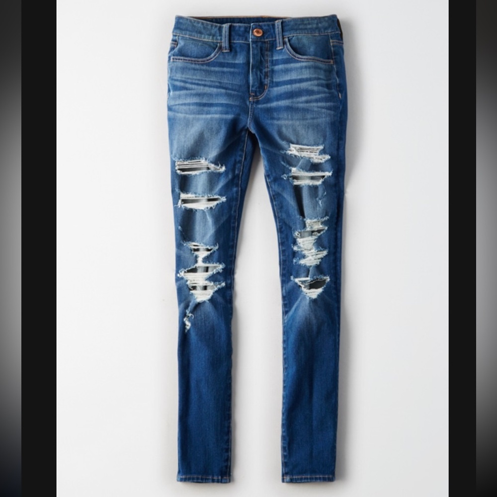American Eagle The Dream Jean Distressed Blue Hi-Rise Jegging Size 10